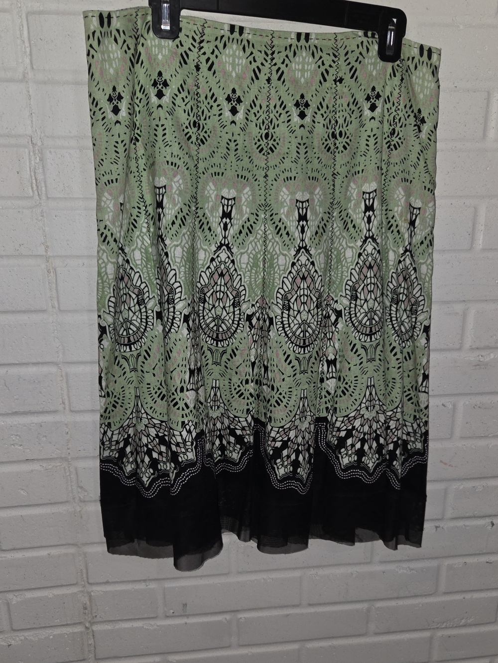 Gianni Bini Mint Green & Black Lace-Print Midi Skirt Linen Silk Lined